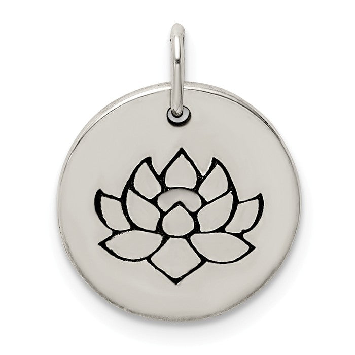 Sterling Silver 13.8 mm Antiqued Lotus Flower Charm Pendant- Sparkle & Jade-SparkleAndJade.com QC9533