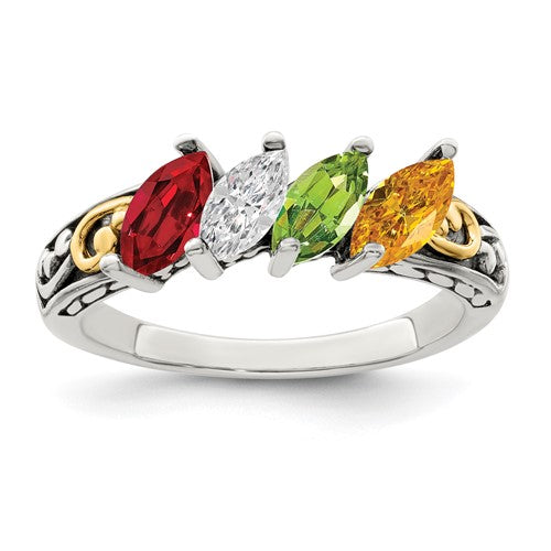 Sterling Silver & 14k Mother's Family Marquise Birthstone Ring- Sparkle & Jade-SparkleAndJade.com QMR17/4SY-5