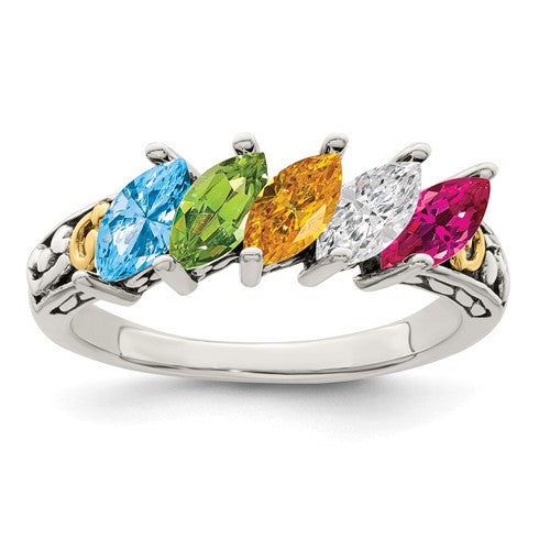 Sterling Silver & 14k Mother's Family Marquise Birthstone Ring- Sparkle & Jade-SparkleAndJade.com QMR17/5SY-5