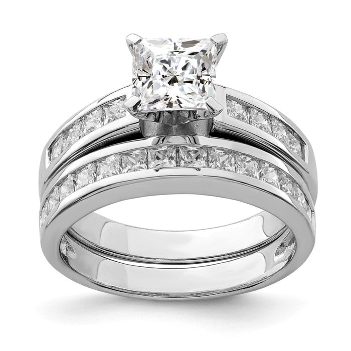 Sterling Silver 2-Piece CZ Princess Cut Channel Set Wedding Ring Set- Sparkle & Jade-SparkleAndJade.com 