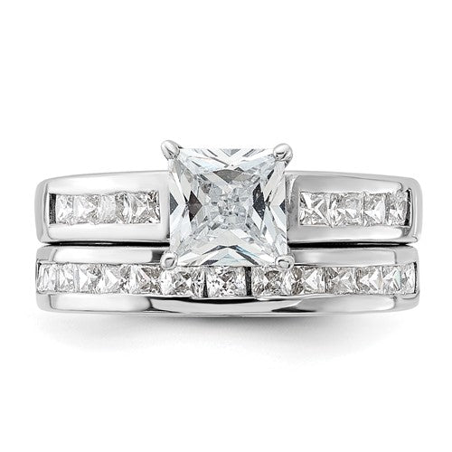 Sterling Silver 2-Piece CZ Princess Cut Channel Set Wedding Ring Set- Sparkle & Jade-SparkleAndJade.com 