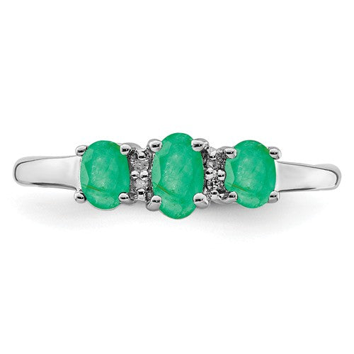 Sterling Silver 3 Stone Genuine Emerald & Diamond Ring- Sparkle & Jade-SparkleAndJade.com 