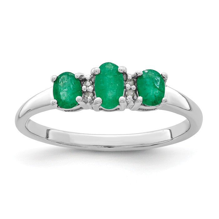 Sterling Silver 3 Stone Genuine Emerald & Diamond Ring- Sparkle & Jade-SparkleAndJade.com QR2800-6