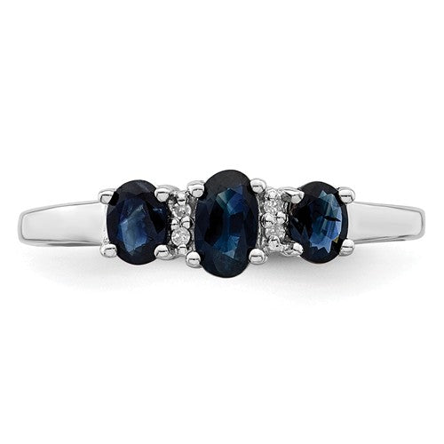 Sterling Silver 3 Stone Oval Genuine Blue Sapphire & Diamond Ring- Sparkle & Jade-SparkleAndJade.com 