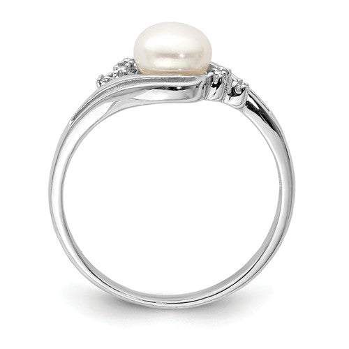 Sterling Silver 6mm Cultured Button Pearl And Diamond Ring- Sparkle & Jade-SparkleAndJade.com 