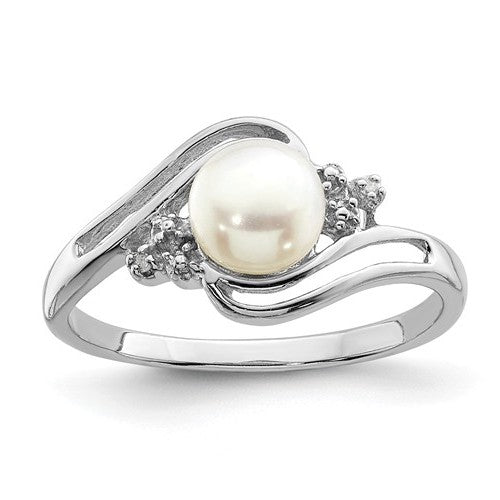 Sterling Silver 6mm Cultured Button Pearl And Diamond Ring- Sparkle & Jade-SparkleAndJade.com 