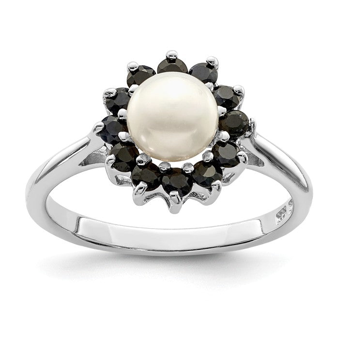 Sterling Silver 6mm Cultured Pearl And Blue Sapphire Halo Ring- Sparkle & Jade-SparkleAndJade.com QDX852-6