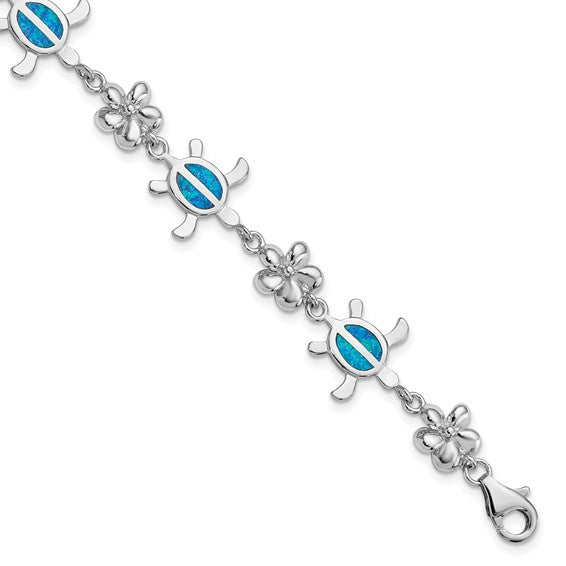 925 Sterling Silver Inlay Blue Opal Hawaiian Plumeria outlet Flower Bracelet 7”+