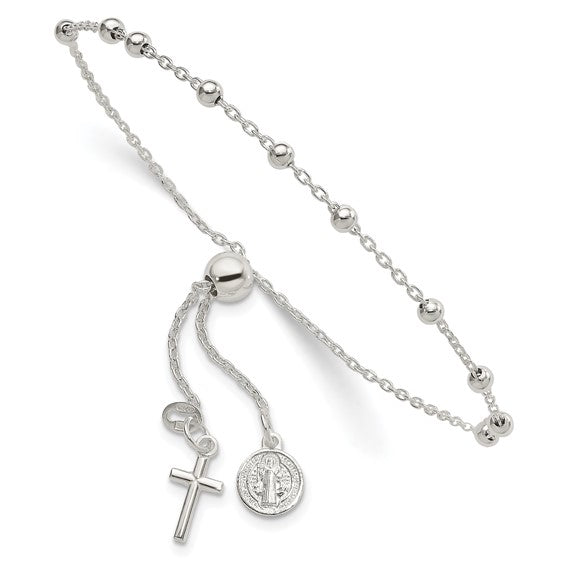 Sterling Silver Adjustable St. Benedict Rosary Bolo Bracelet- Sparkle & Jade-SparkleAndJade.com QG6562