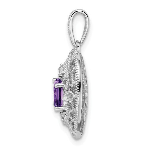 Sterling Silver Amethyst And White Topaz Oval Filigree Teardrop Pendant- Sparkle & Jade-SparkleAndJade.com QP4996