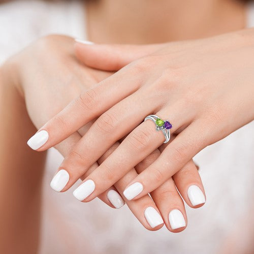 Sterling Silver Amethyst Peridot Double Heart and Diamond Accent Ring- Sparkle & Jade-SparkleAndJade.com 