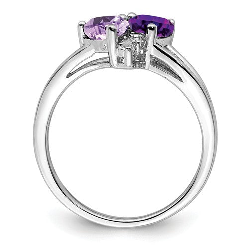 Sterling Silver Amethyst & Pink Quartz & Diamond Double Heart Ring- Sparkle & Jade-SparkleAndJade.com 