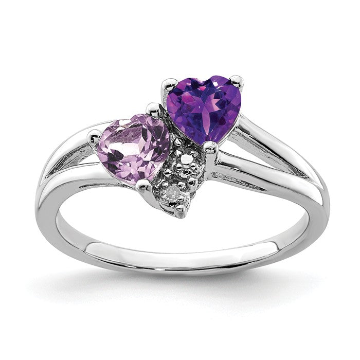 Sterling Silver Amethyst & Pink Quartz & Diamond Double Heart Ring- Sparkle & Jade-SparkleAndJade.com QR4570PQ-6