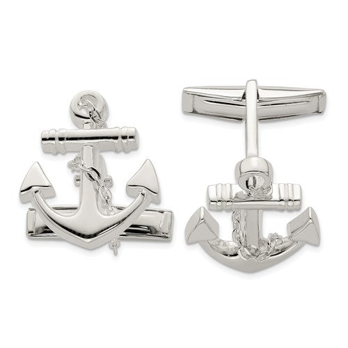 Sterling Silver Anchor With Dangle Rope Cuff Links- Sparkle & Jade-SparkleAndJade.com QQ560