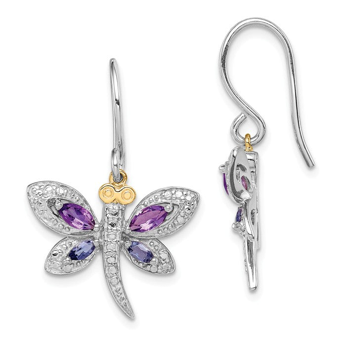 Sterling Silver And 14K Amethyst And Iolite And Diamond Dragonfly Earrings- Sparkle & Jade-SparkleAndJade.com QE6072