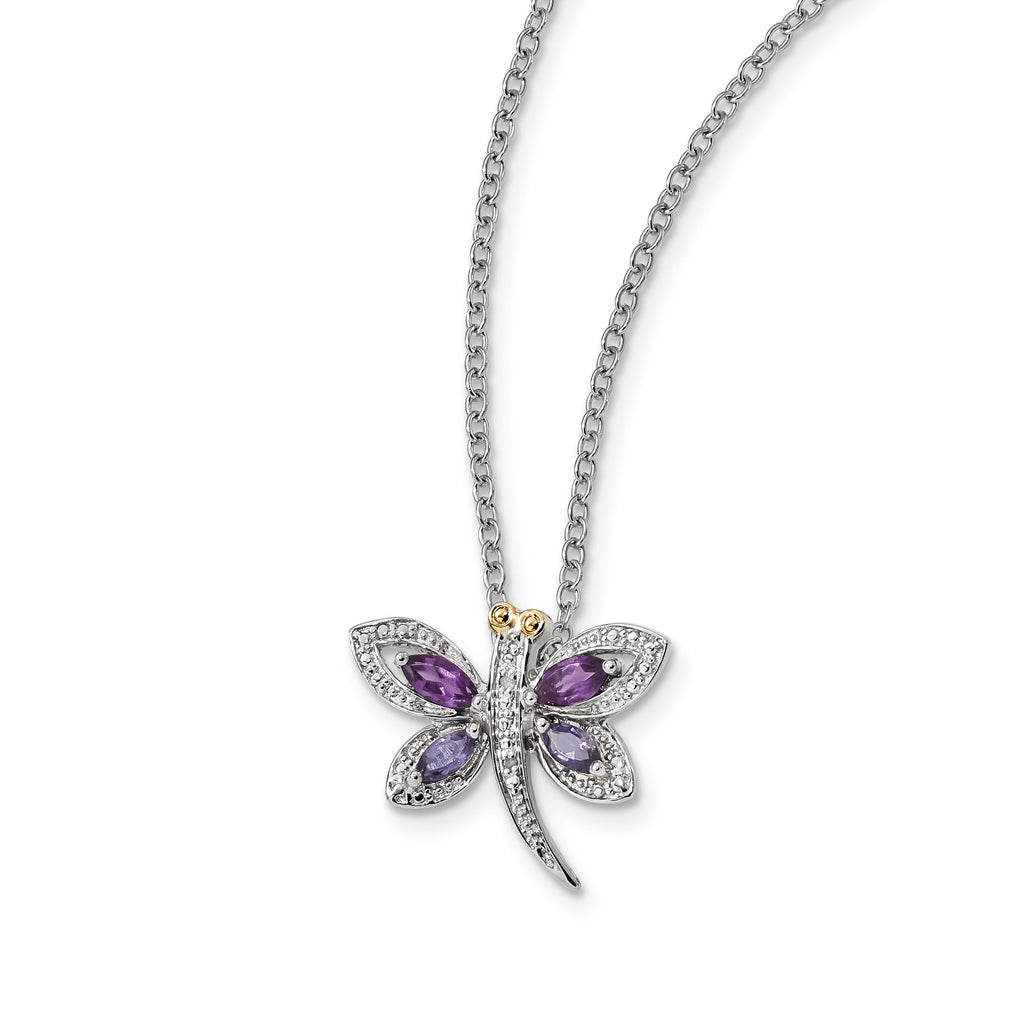 Sterling Silver And 14K Amethyst And Iolite And Diamond Dragonfly Necklace- Sparkle & Jade-SparkleAndJade.com QG2711-17