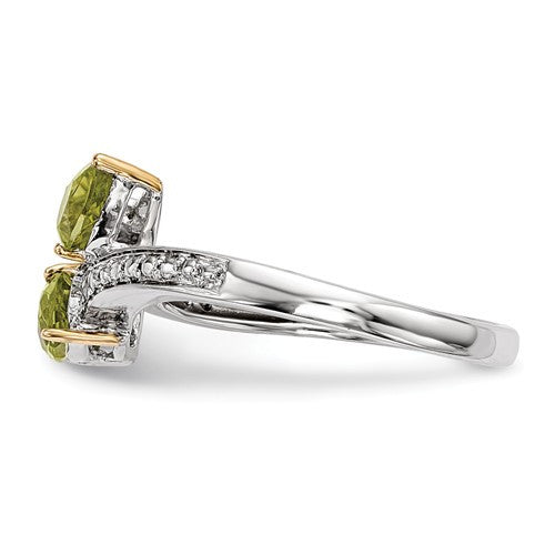Sterling Silver And 14K Gold Double Peridot Pear Diamond ByPass Ring- Sparkle & Jade-SparkleAndJade.com 