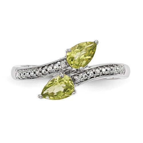 Sterling Silver And 14K Gold Double Peridot Pear Diamond ByPass Ring- Sparkle & Jade-SparkleAndJade.com 
