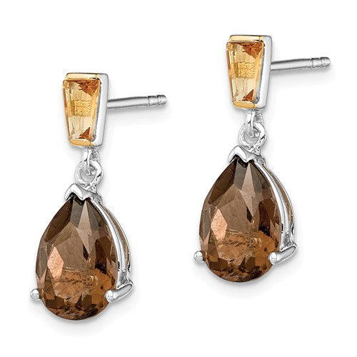 Sterling Silver And 14K Yellow Gold Smoky Quartz Pear And Citrine Earrings- Sparkle & Jade-SparkleAndJade.com QE6074