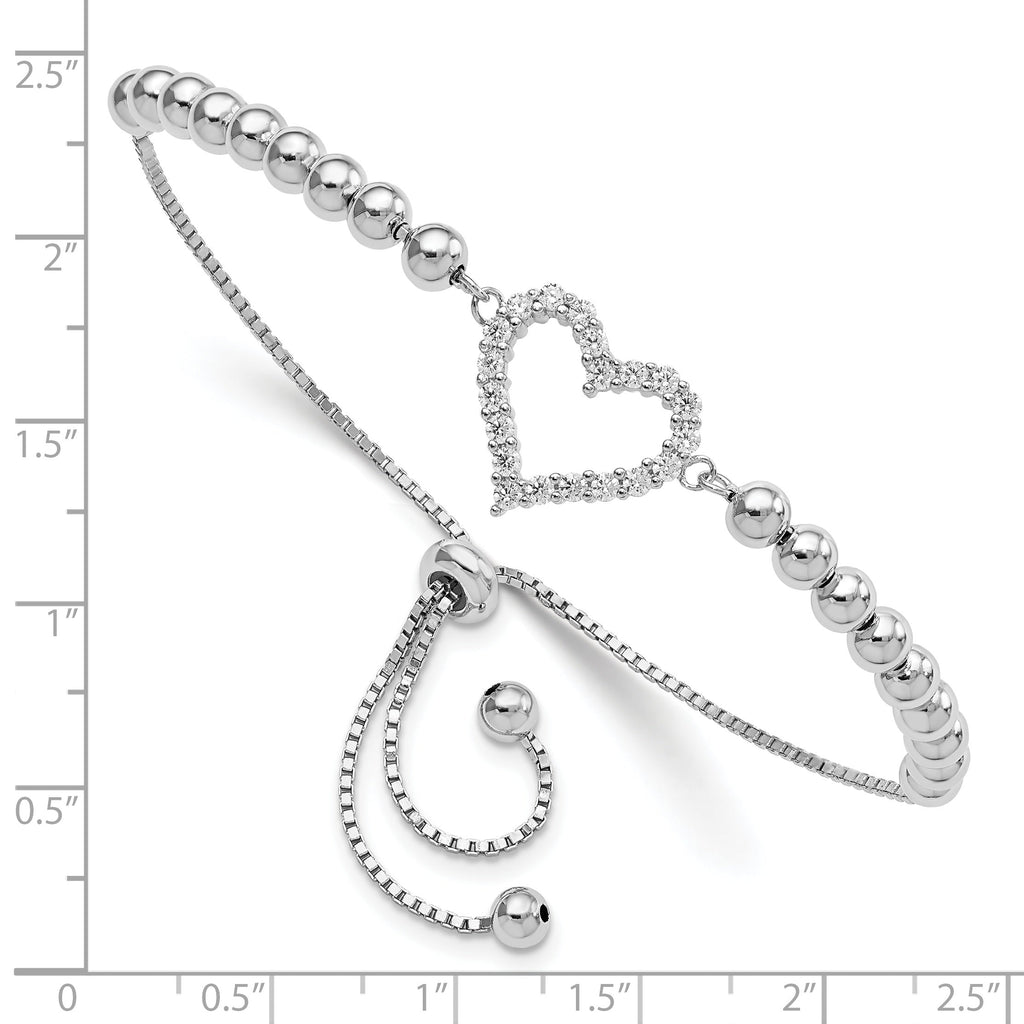 Sterling Silver Beaded CZ Heart Adjustable Bolo Bracelet- Sparkle & Jade-SparkleAndJade.com QG5942