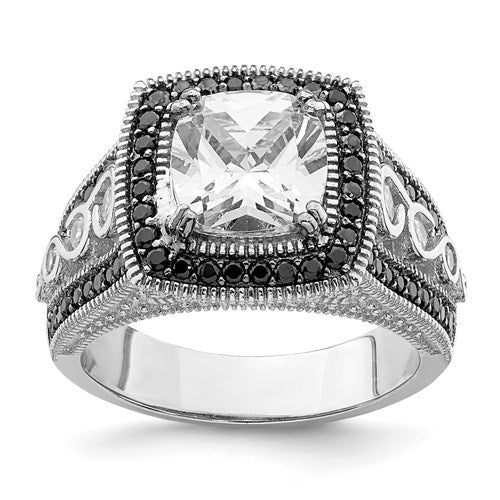 Sterling Silver Black And White CZ Cushion Halo Engagement Ring- Sparkle & Jade-SparkleAndJade.com 
