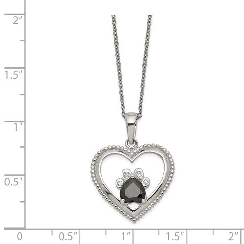 Sterling Silver Black And White CZ Heart With Paw Print Necklace- Sparkle & Jade-SparkleAndJade.com QG5398-18
