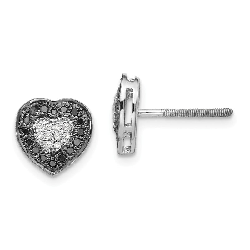 Sterling Silver Black And White Diamond Heart Halo Screw Back Earrings- Sparkle & Jade-SparkleAndJade.com QE7871