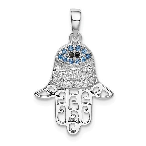 Sterling Silver Black & White CZ with Synthetic Blue Sapphire Chamseh Pendant- Sparkle & Jade-SparkleAndJade.com QC9163