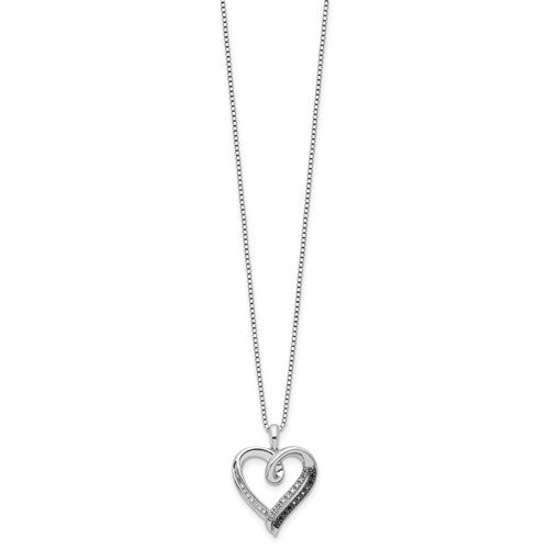 Collier Ancien Coeur Diamants Noirs Et Blancs Sur Argent Massif - Long Mi-long - État Très Bon