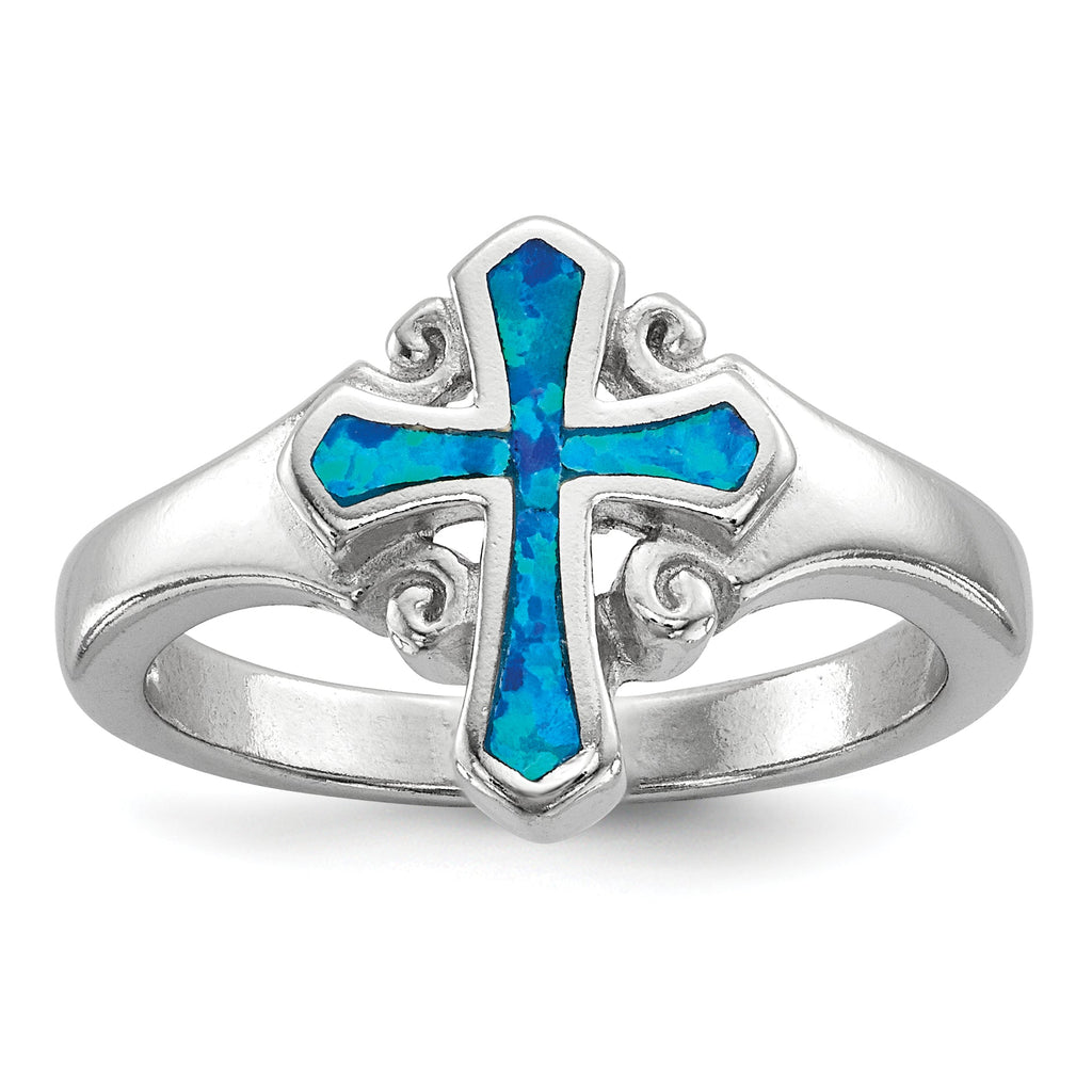 Sterling Silver Blue Created Opal Inlay Cross Ring- Sparkle & Jade-SparkleAndJade.com 