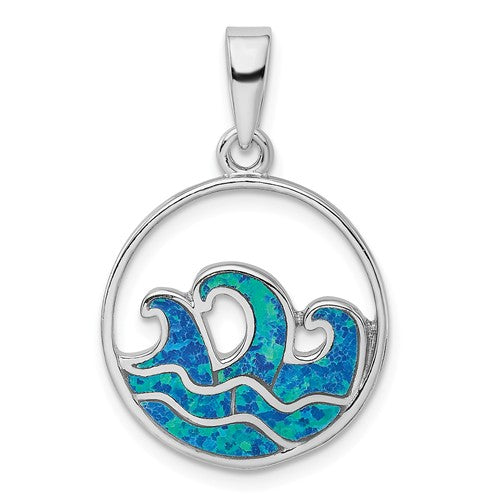 Sterling Silver Blue Created Opal Ocean Wave Pendant