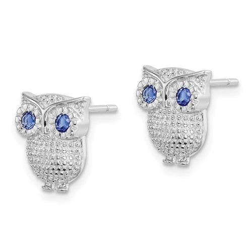Sterling Silver Blue Created Sapphire Owl Post Earrings- Sparkle & Jade-SparkleAndJade.com QE11832