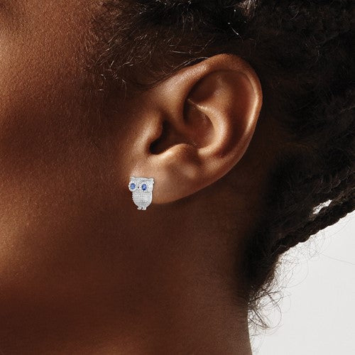 Sterling Silver Blue Created Sapphire Owl Post Earrings- Sparkle & Jade-SparkleAndJade.com QE11832