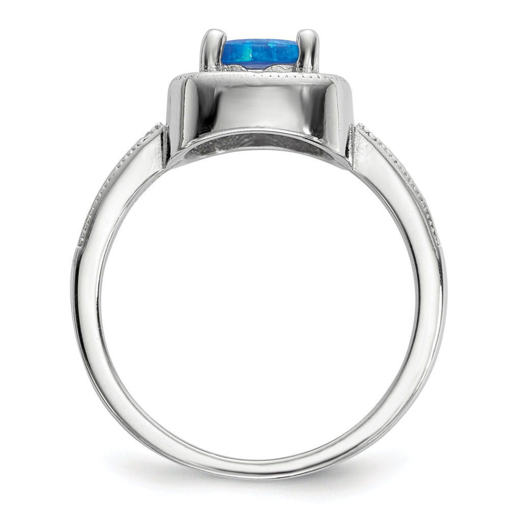 Sterling Silver Blue Cushion Square Created Opal and CZ Halo Ring- Sparkle & Jade-SparkleAndJade.com 