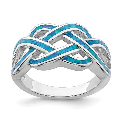 Sterling Silver Blue Inlay Created Opal Celtic Knot Ring