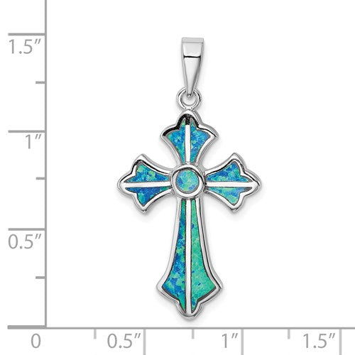 Sterling Silver Blue Inlay Created Opal Cross Pendant- Sparkle & Jade-SparkleAndJade.com QP4880