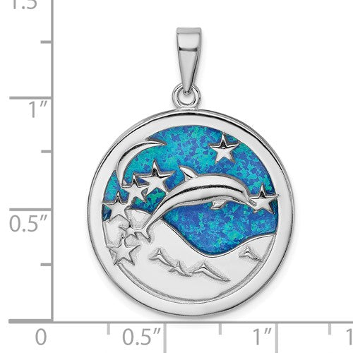 Sterling Silver Blue Inlay Created Opal Dolphins Pendant- Sparkle & Jade-SparkleAndJade.com QP4868