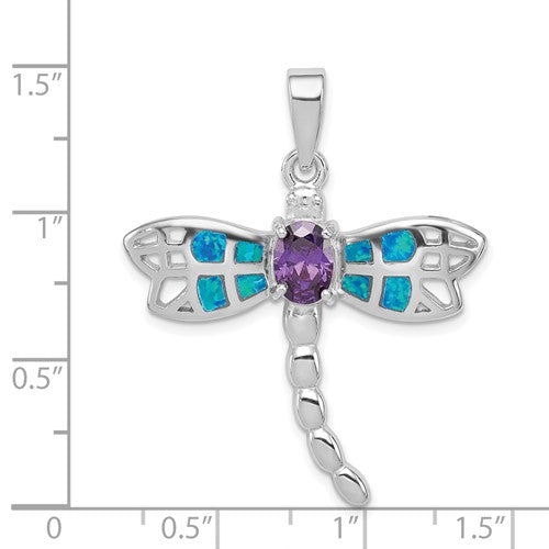 Sterling Silver Blue Inlay Created Opal Dragonfly Oval Amethyst Pendant- Sparkle & Jade-SparkleAndJade.com QC7689