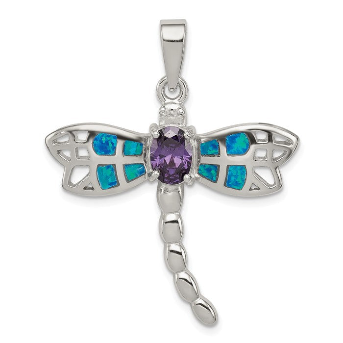 Sterling Silver Blue Inlay Created Opal Dragonfly Oval Amethyst Pendant- Sparkle & Jade-SparkleAndJade.com QC7689