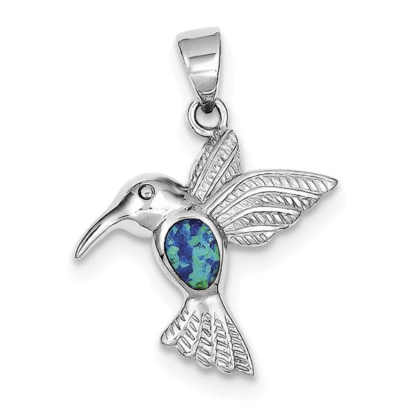 Sterling Silver Blue Inlay Created Opal Hummingbird Pendant- Sparkle & Jade-SparkleAndJade.com QC7684