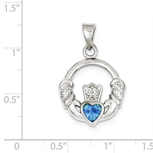 Sterling Silver Blue Inlay Created Opal Irish Claddagh Pendant- Sparkle & Jade-SparkleAndJade.com QC7623
