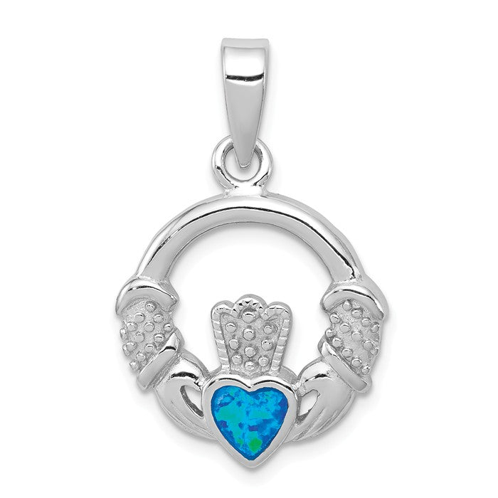 Sterling Silver Blue Inlay Created Opal Irish Claddagh Pendant- Sparkle & Jade-SparkleAndJade.com QC7623