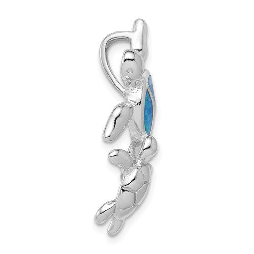 Sterling Silver Blue Inlay Created Opal Turtle & Baby Pendant- Sparkle & Jade-SparkleAndJade.com QC7682