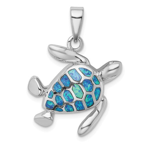Sterling Silver Blue Inlay Created Opal Turtle Pendant- Sparkle & Jade-SparkleAndJade.com QP4873