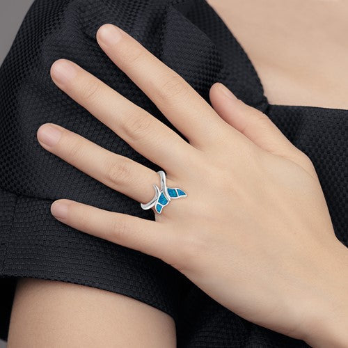 Sterling Silver Blue Inlay Created Opal Whale Tail Ring- Sparkle & Jade-SparkleAndJade.com 
