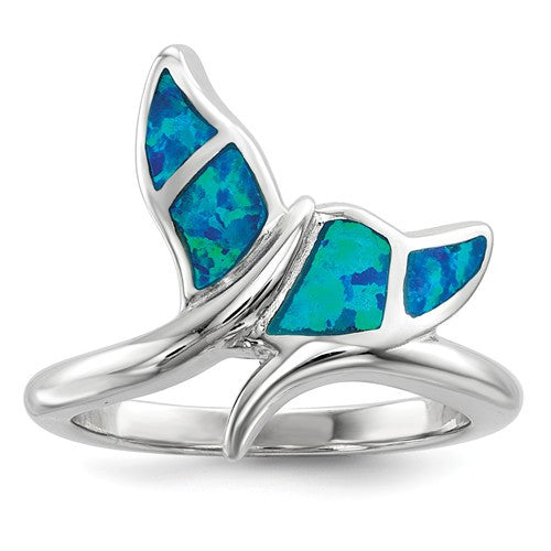 Sterling Silver Blue Inlay Created Opal Whale Tail Ring- Sparkle & Jade-SparkleAndJade.com 