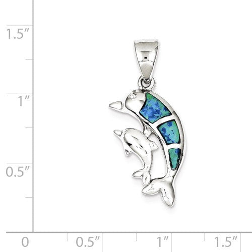 Sterling Silver Blue Inlay Opal Dolphin and Baby Calf Pendant- Sparkle & Jade-SparkleAndJade.com QC7683