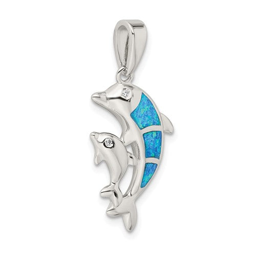 Sterling Silver Blue Inlay Opal Dolphin and Baby Calf Pendant- Sparkle & Jade-SparkleAndJade.com QC7683