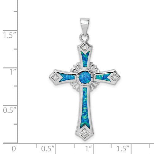 Sterling Silver Blue Opal and CZ Cross Pendant- Sparkle & Jade-SparkleAndJade.com QP5143