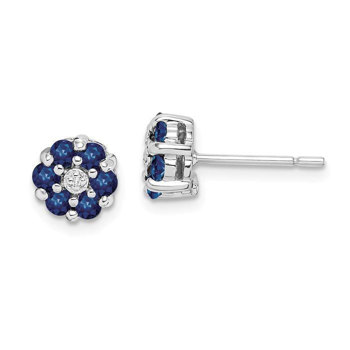 Sterling Silver Blue Sapphire And Diamond Flower Post Earrings- Sparkle & Jade-SparkleAndJade.com QDX317